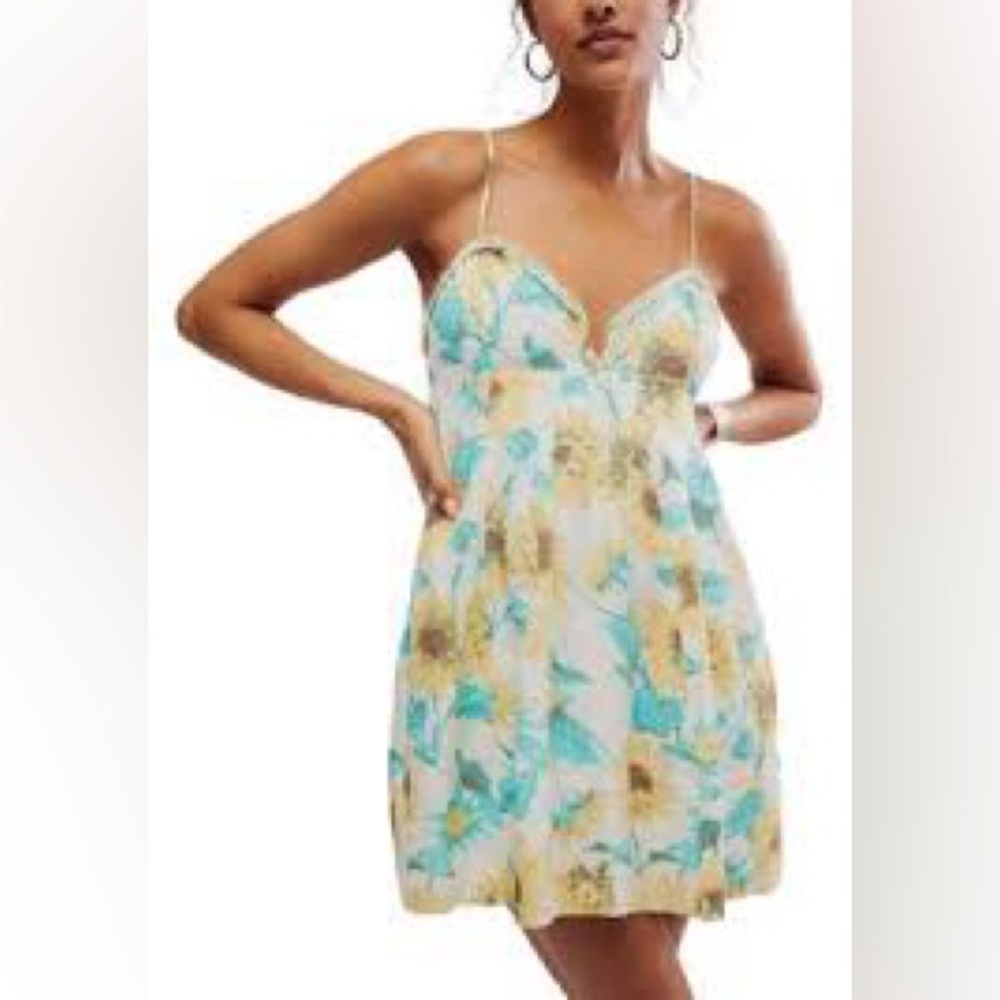 Free People Aqua and Gold Floral Lace-Trim Chemise 656